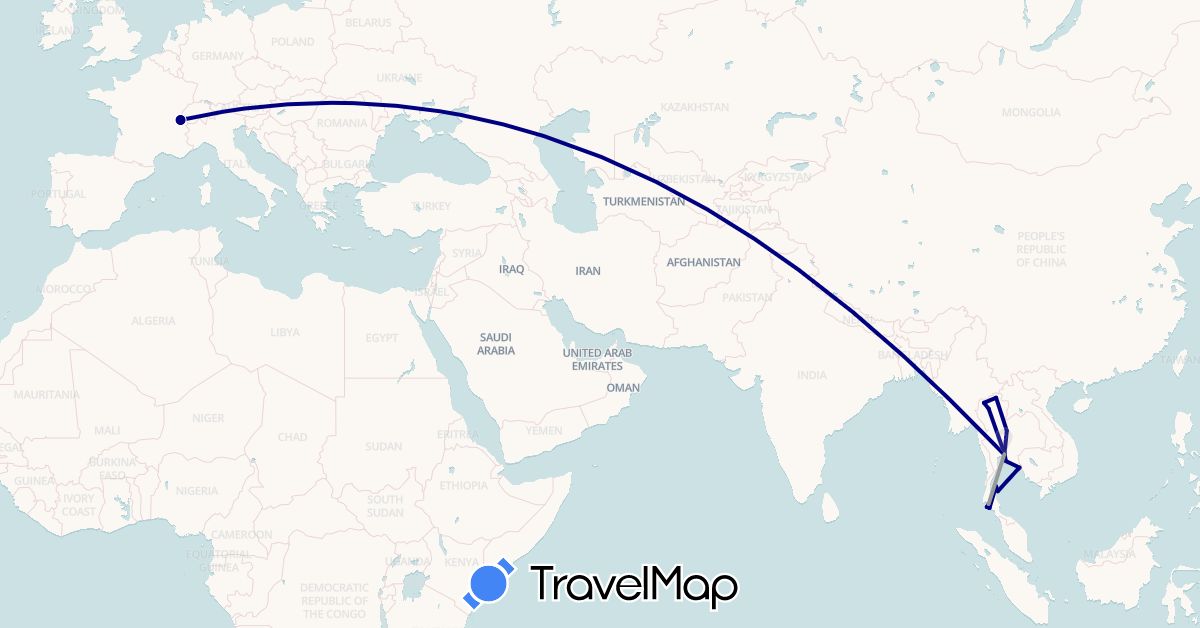TravelMap itinerary: driving, plane in Switzerland, Thailand (Asia, Europe)